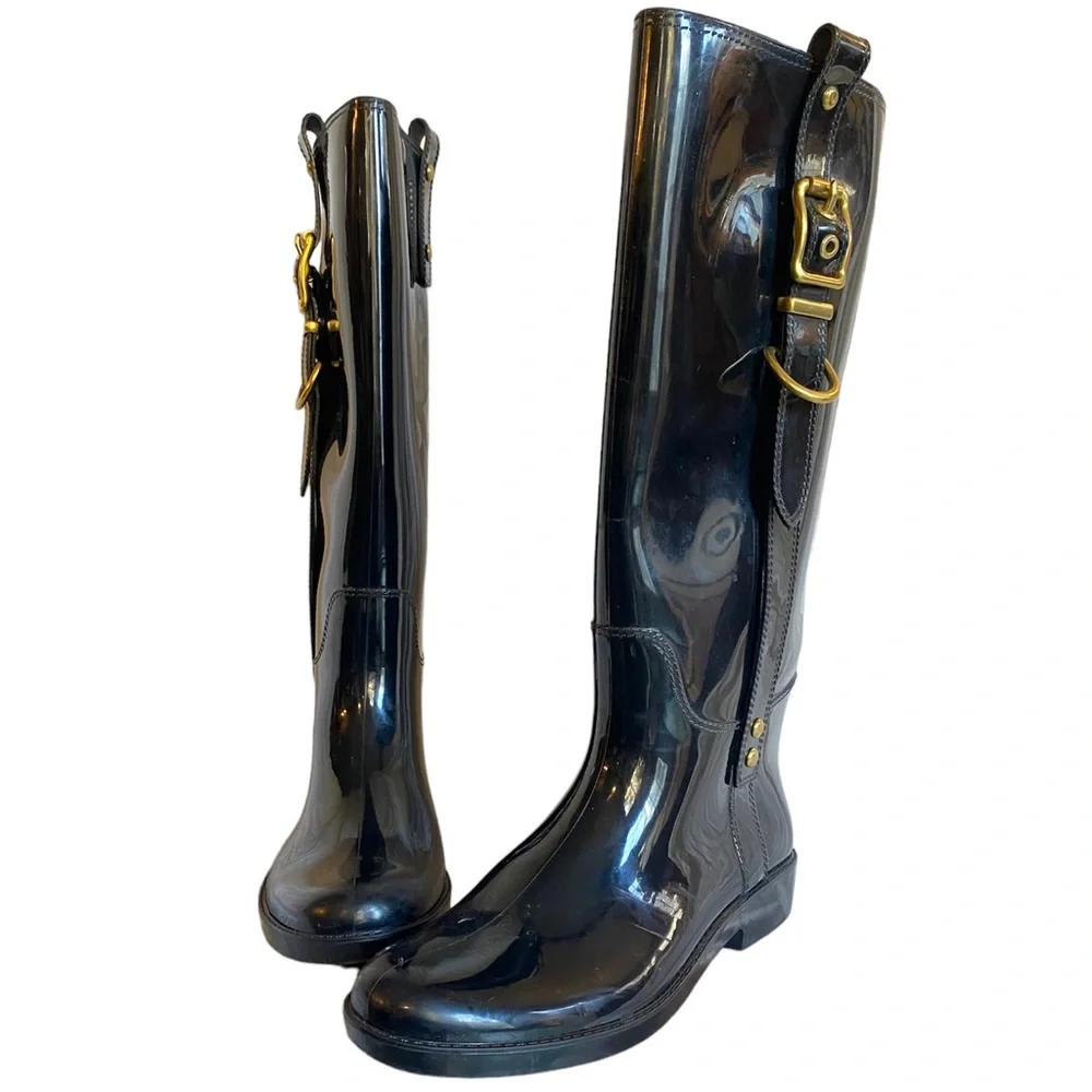 Coach Black Rubber Boots Gold Buckle Knee High 9 Concert classic‎ statment